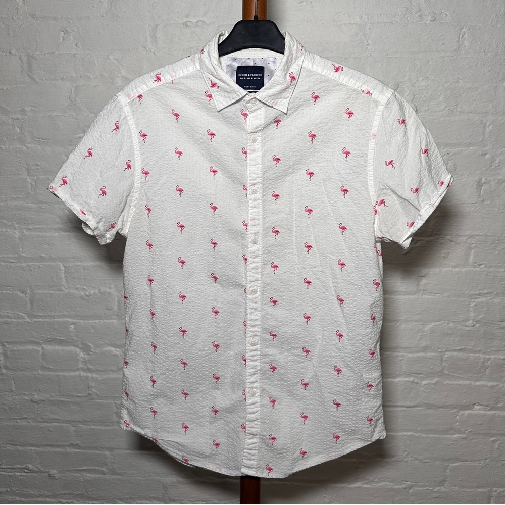 Denim & Flower slim fit seersucker flamingo print short sleeve button down shirt